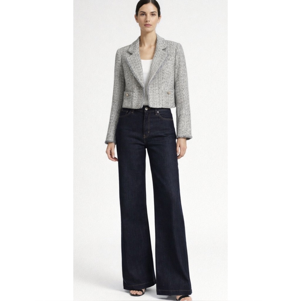 ELIE TAHARI | Tweed Bouclé Metallic Fringe Blazer in Grey/Ivory/Gold, Size 6
